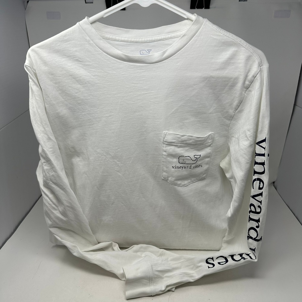 Vineyard Vines Shirt Men S White Long Sleeve Pocket Tee Whale Graphic Distressed